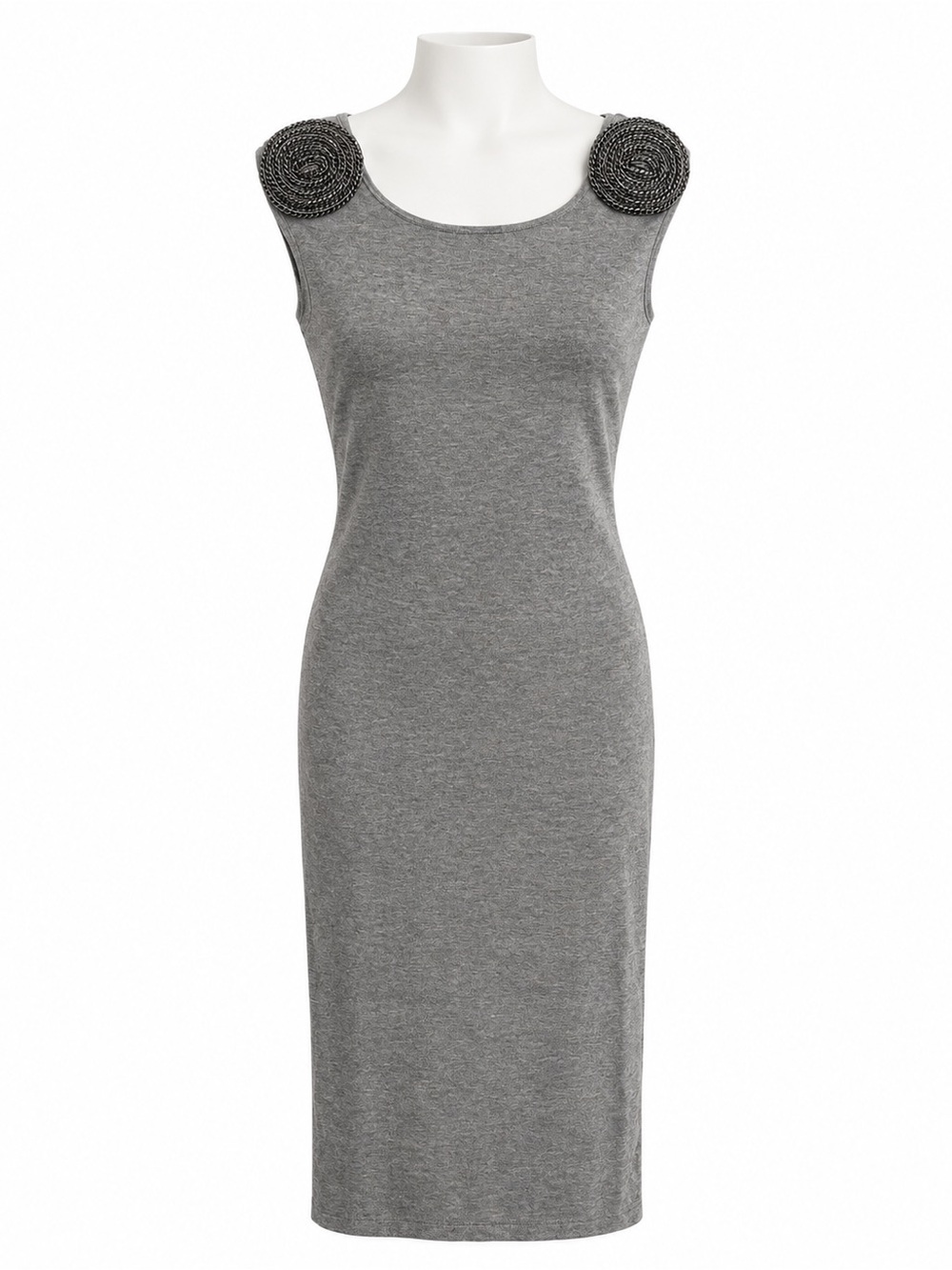 Size 1 Ted Baker Women’s Grey Spiral Rosette Sleeveless Knit Sheath Dress V Back